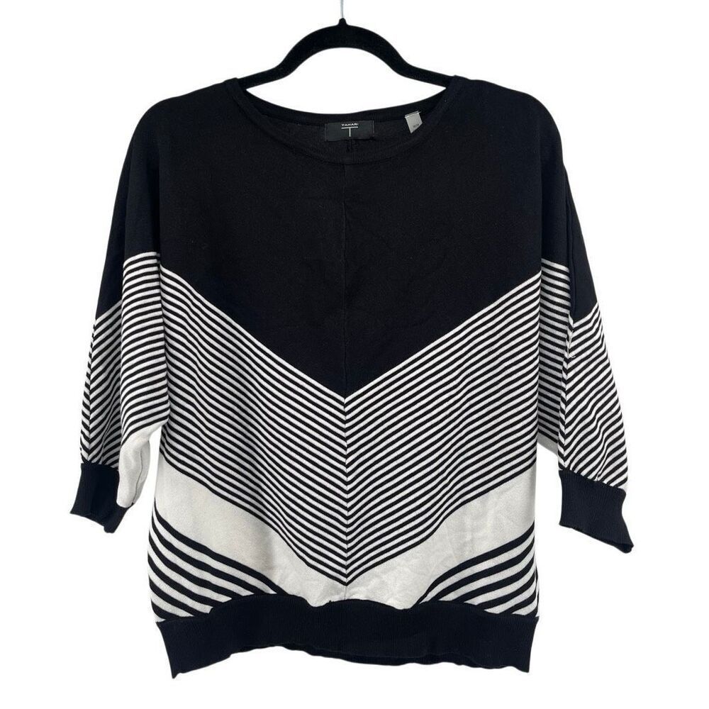Tahari Black White Chevron Dolman Sweater Top Rayon Blend NWT Medium